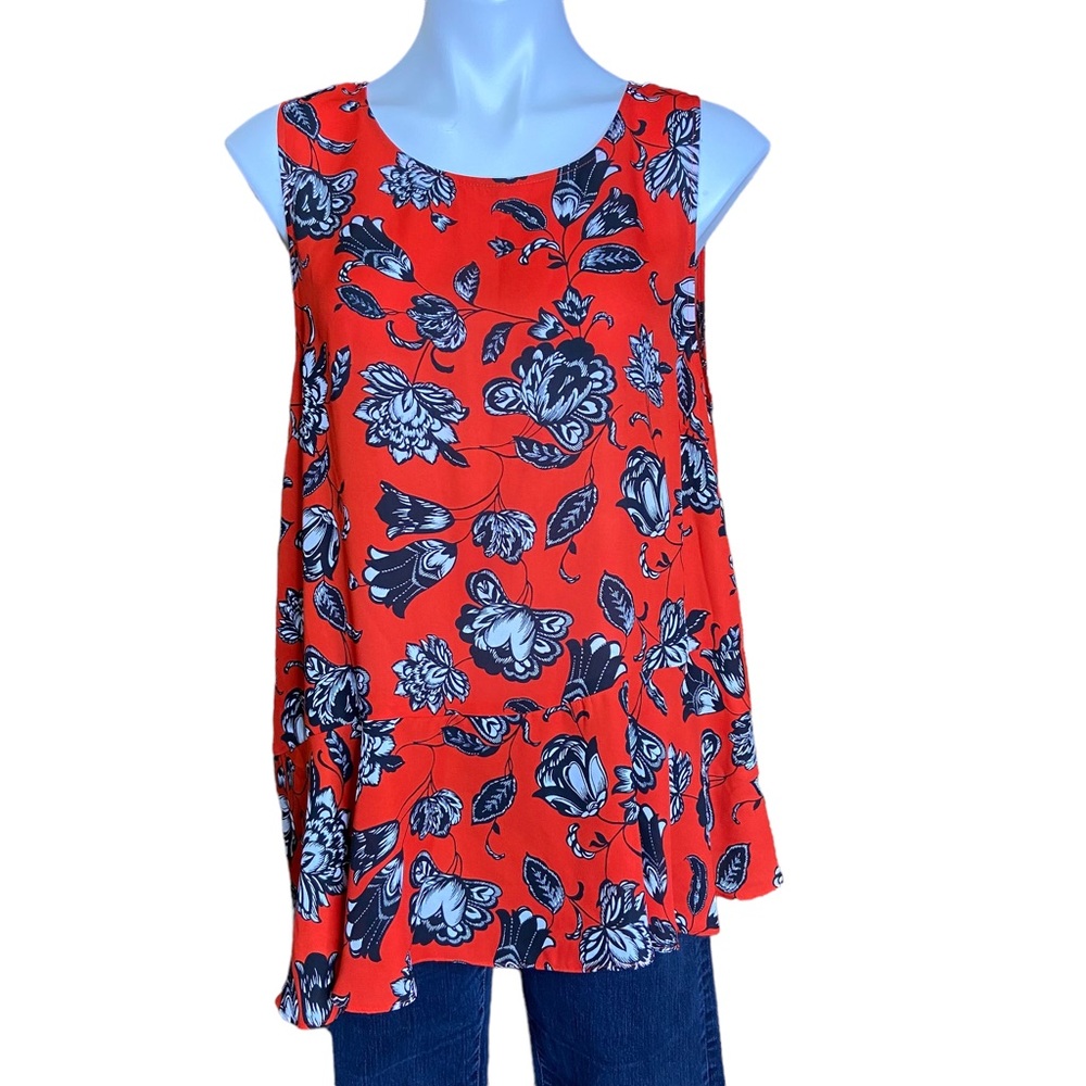 VINCE CAMUTO Sleeveless Asymmetrical Top Floral Peplum Sleeveless Red Size Large
